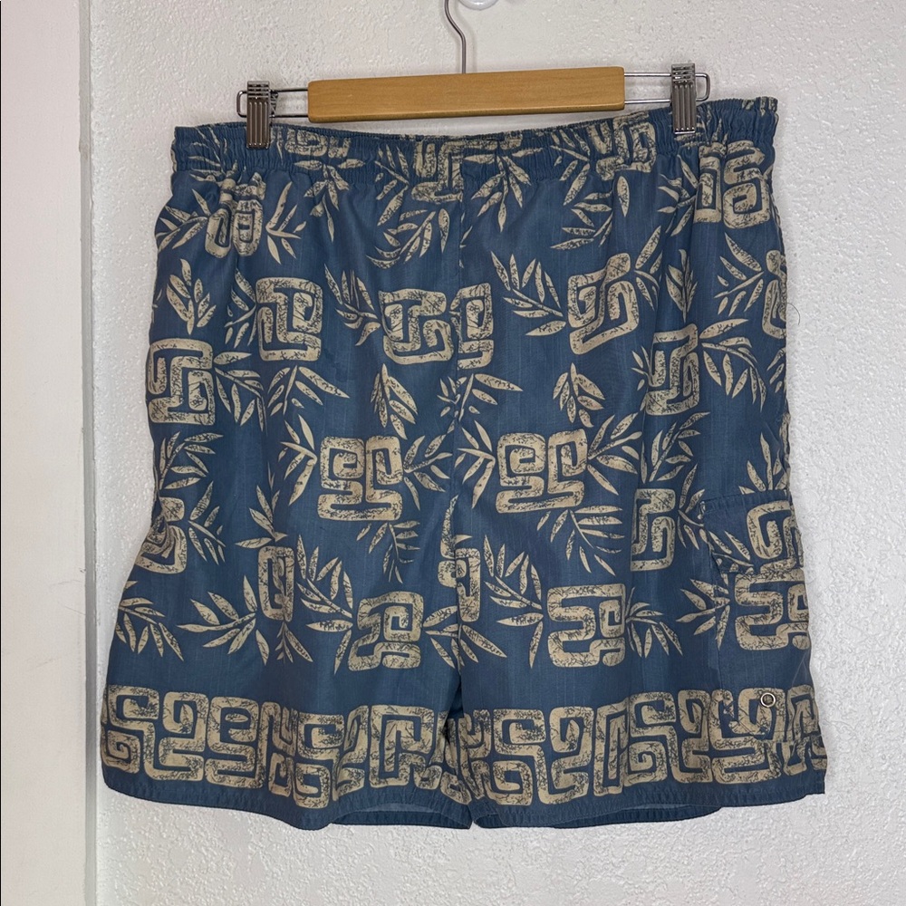 Natural Life Blue Tan Tropical Tribal Print Swim Trunks Mesh Lined Size L Beach